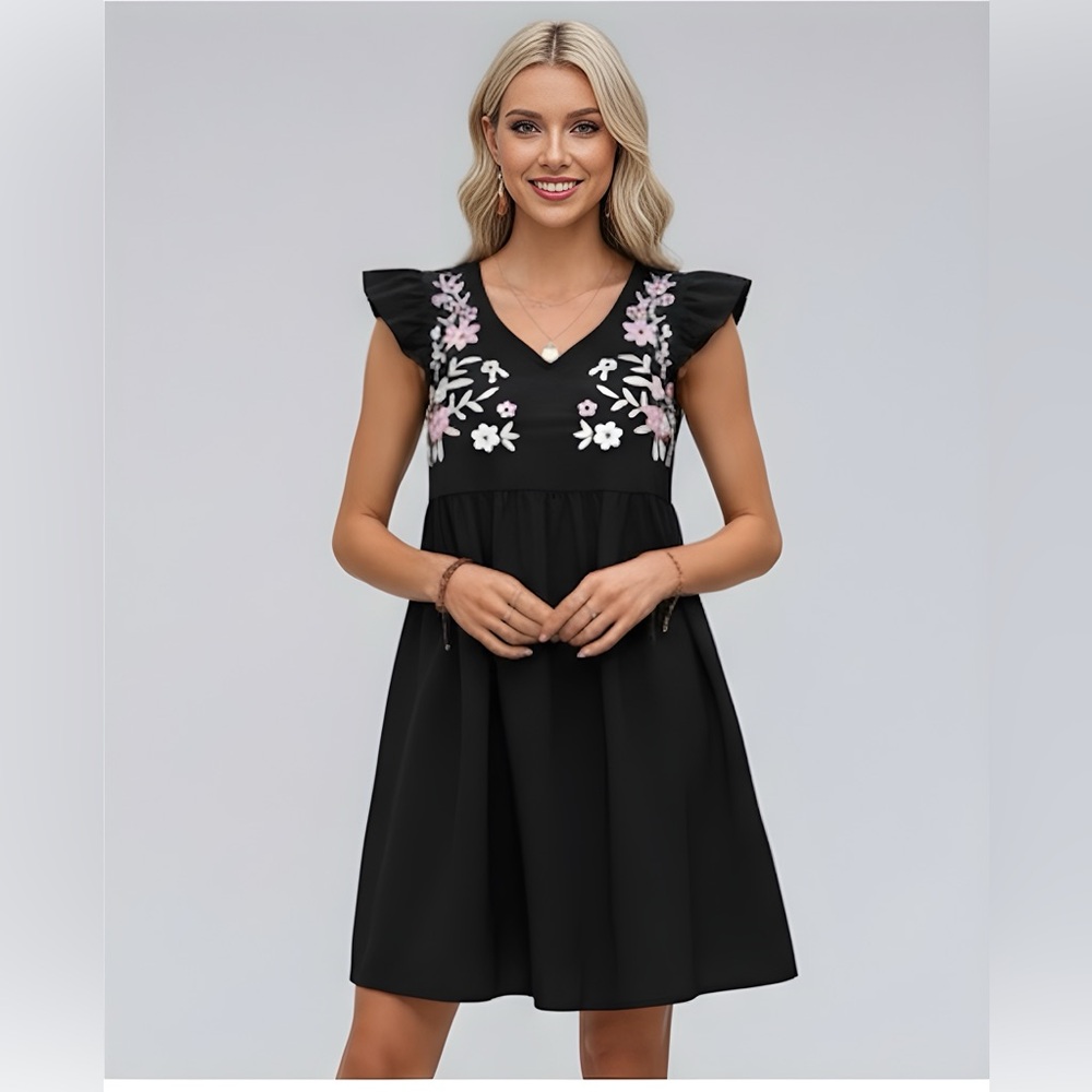 Black Floral Embroidery Butterfly Sleeve Smock Dress